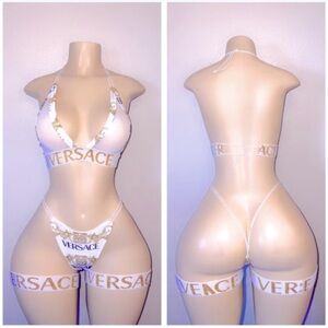 NWOT Sexy White & Gold Exotic Dancer Set Garters Designer Label Lingerie 2-Piece